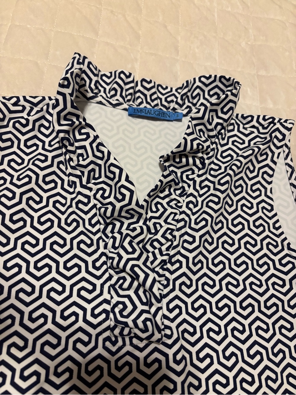 J. McLaughlin Navy & White Geometric Ruffle Collared Sleeveless Top